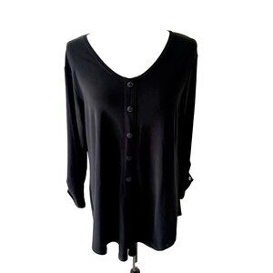 SYMPLI Tunic Blouse Top Size 12 Black Jersey Knit 3/4 Sleeves Button Details